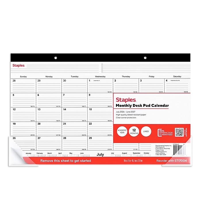 2026-2027 Staples 18" x 11" Academic Monthly Desk Pad Calendar, Black (ST17004-27)
