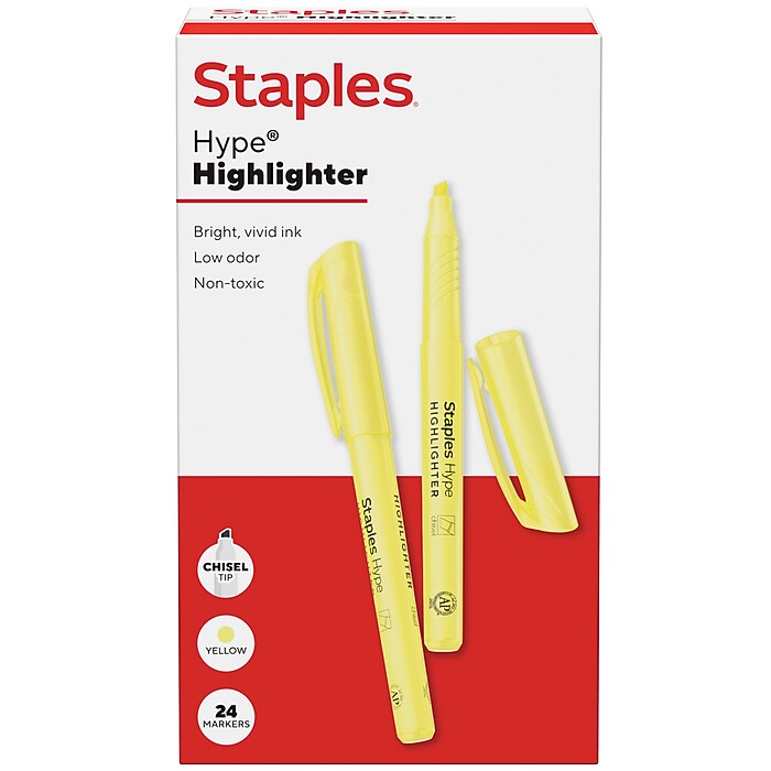 Staples Hype Stick Highlighter, Chisel Tip, Yellow, 24/Pack