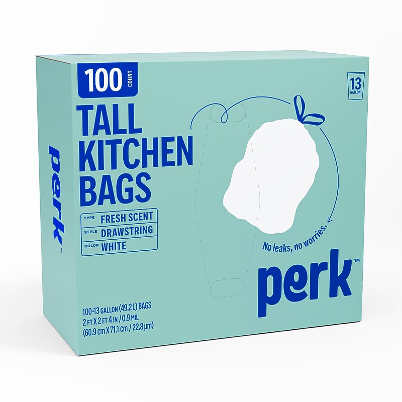 Perk™ 13 Gallon Scented Kitchen Trash Bag, 28" x 24", Low Density, 0.9 mil, White, 100 Bags/Box (PK56751) image 1