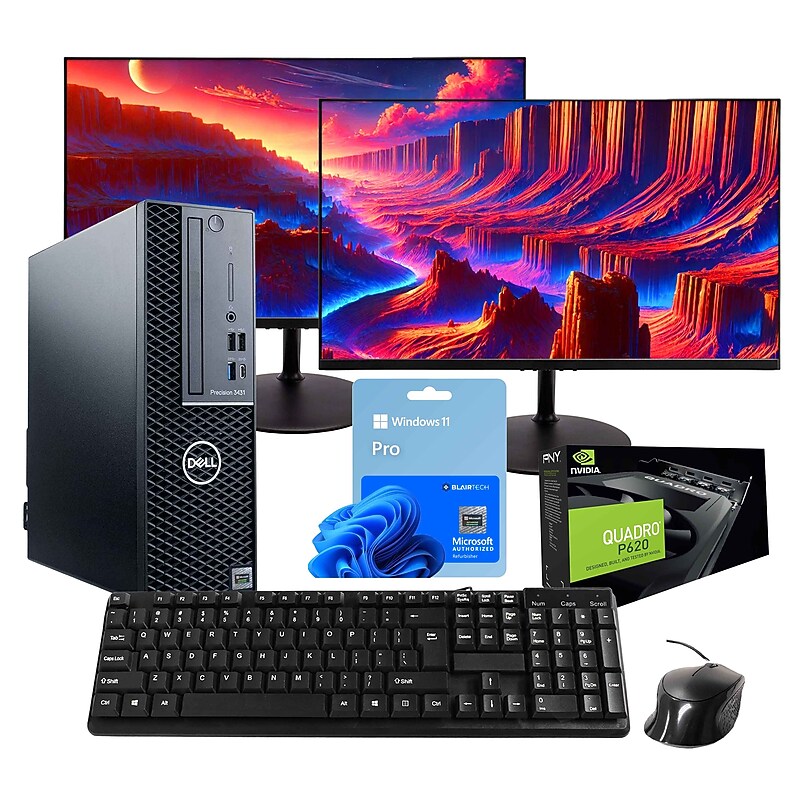 Dell Precision 3431 Refurbished Desktop Computer with two 24" Monitors, Intel Core i5-9500, 16GB RAM, 1 TB SSD, Windows 11 Pro image 1