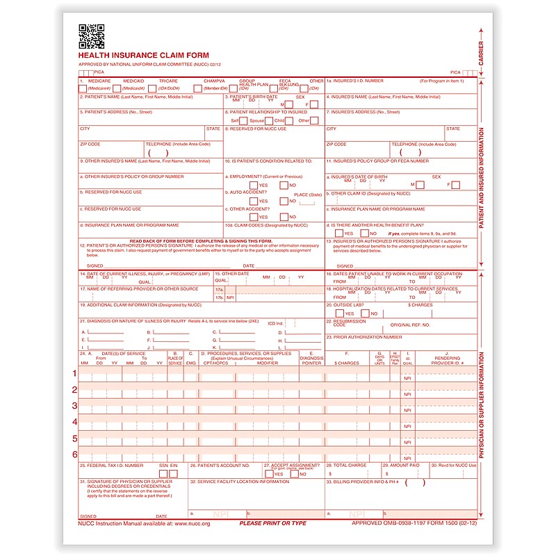 ComplyRight CMS-1500 Health Insurance Claim Forms (02/12), 8-1/2" x 11", Box of 1,000 (CMS12LC1) image 1