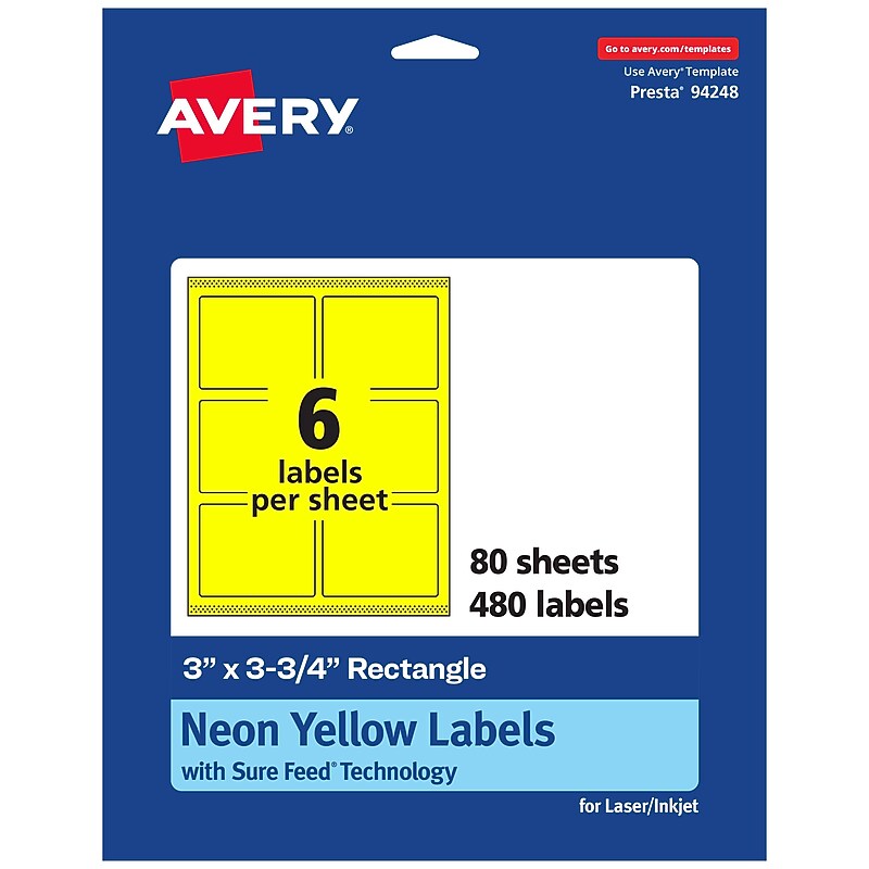 Avery Laser/Inkjet Multipurpose Labels, Neon Yellow, 6 Labels/Sheet, 80 Sheets/Pack (94248-NYP80) image 1