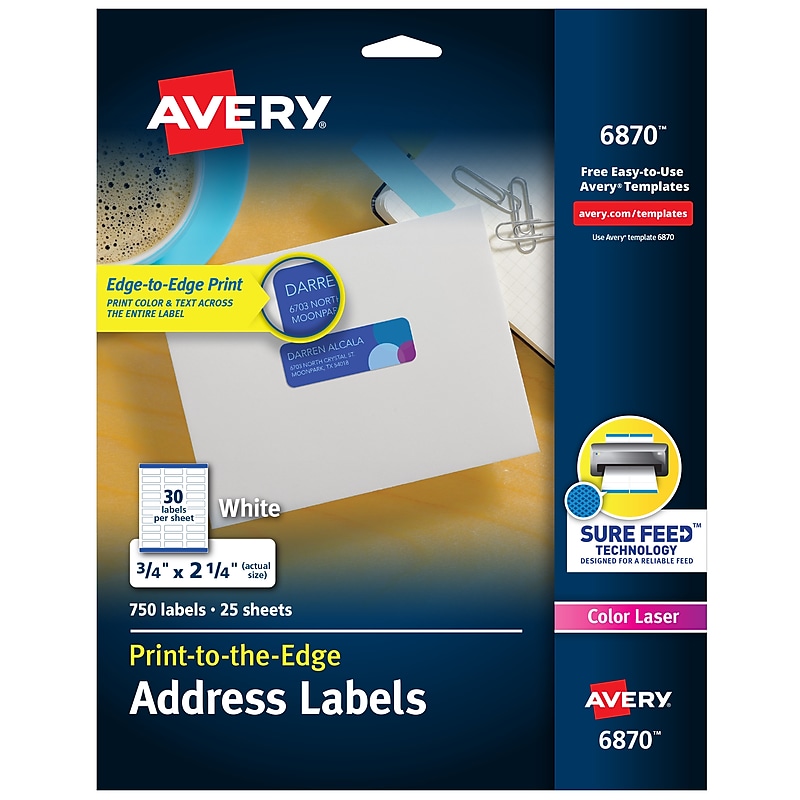 Avery Print-to-the-Edge Laser Address Labels, 3/4" x 2-1/4", White, 750 Labels/Pack (6870) image 1