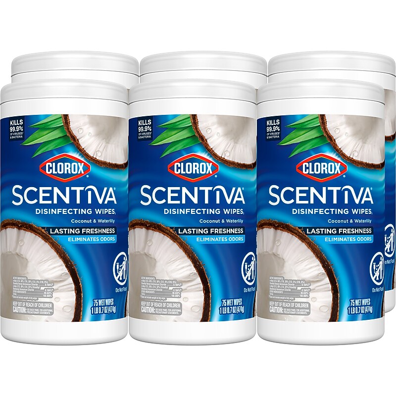 Clorox Scentiva Disinfecting Wipes, Coconut and Waterlily Scent, 75 Wipes/Container, 6/Carton (60037CT) image 1