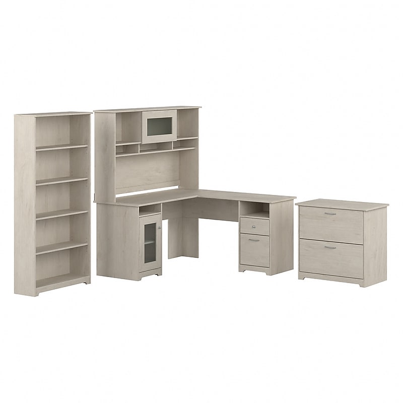 Bush Furniture Cabot 60"W L Shaped Computer Desk with Hutch, File Cabinet and Bookcase, Linen White Oak (CAB010LW) image 1