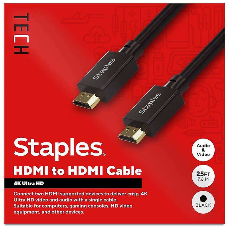 Staples TECH 25 ft. HDMI to HDMI Audio/Video Cable, Male to Male, Black (ST62476) image 1