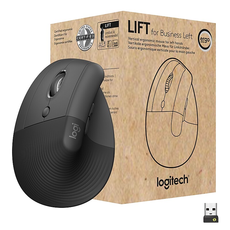 Logitech Lift for Business Wireless Ergonomic Vertical Left Handed Optical USB Mouse, Graphite (910-006492) image 1