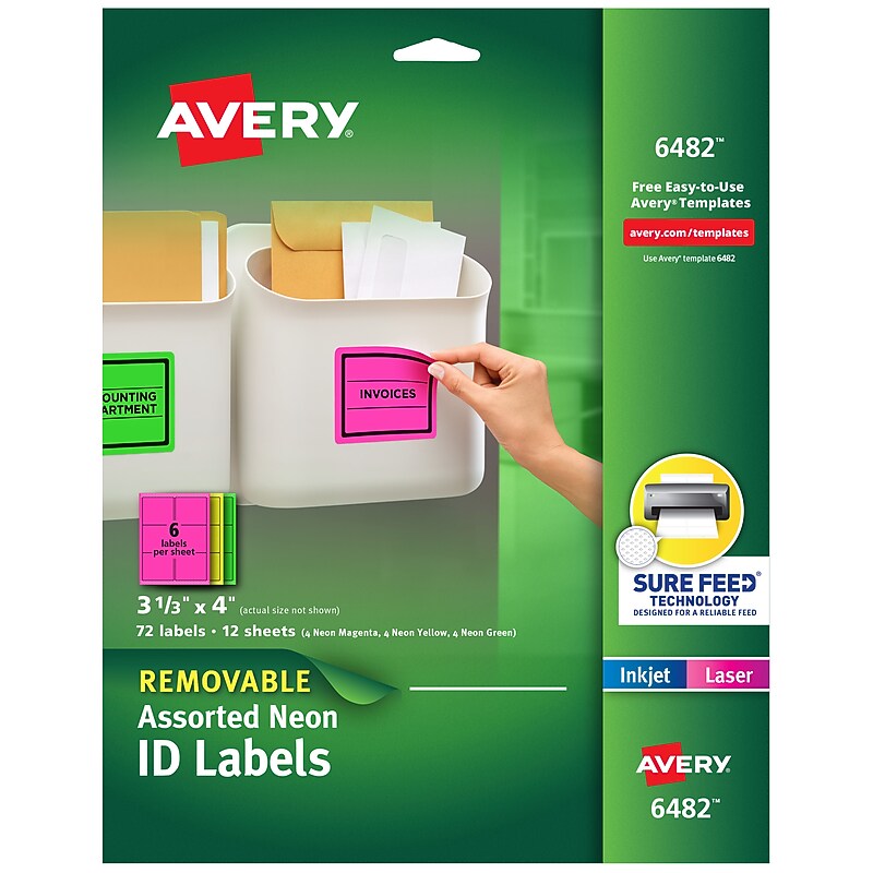 Avery Sure Feed Laser/Inkjet Removable ID Labels, 3-1/3" x 4", Assorted Neon, 72 Labels/Pack (6482) image 1