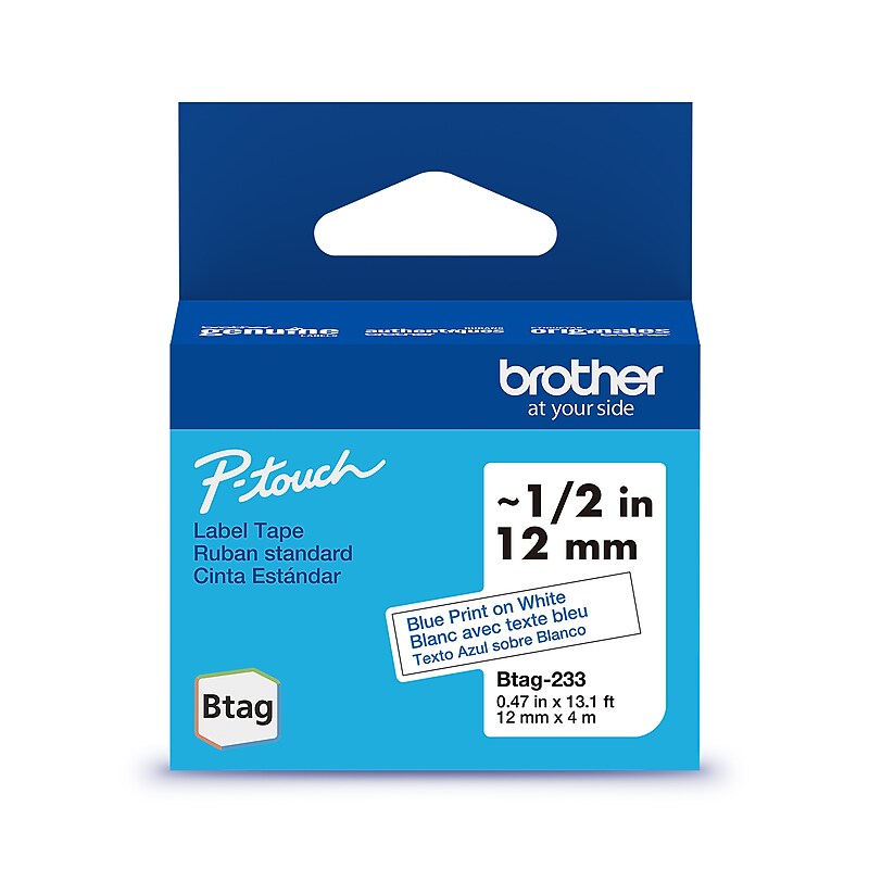 Brother P-touch Btag Label Tape, 1/2" x 13.1' (12mm x 4m), Blue on White (BTAG233) image 1