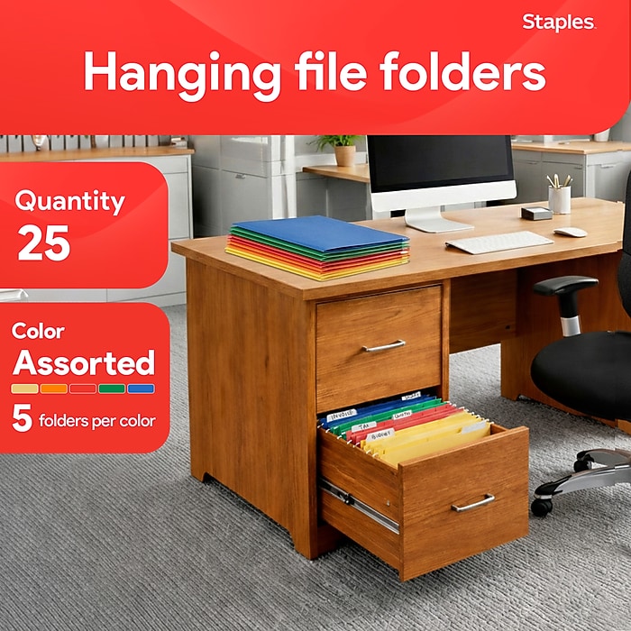 Staples® Heavy Duty Bright Colored Hanging File Folders, 1/5-Cut