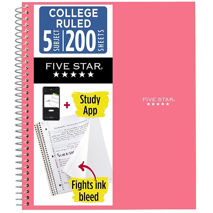 Five Star Spiral Notebook Plus Study App, 5 Subject, College Ruled, 8.5" x 11", Prom Pink (820004R)
