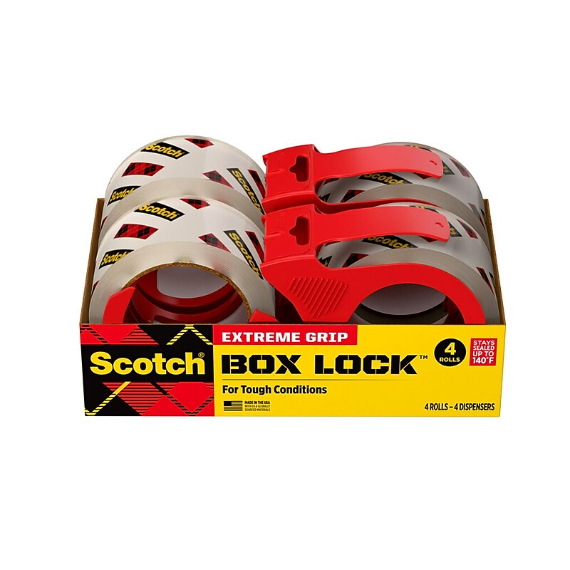 Scotch Box Lock Shipping Packing Tape with Refillable Dispensers, 1.88 in x 54.6 yd, Clear, 4/Pack (3950-4RD) image 1