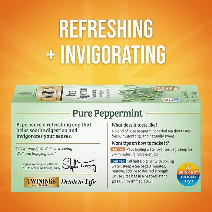 Twinings Pure Peppermint Caffine Free Herbal Tea Bags, 1.76 oz, 25