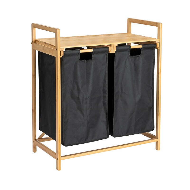Household Essentials 2-Section Hamper with Lid, Bamboo, Black (HE1174) image 1