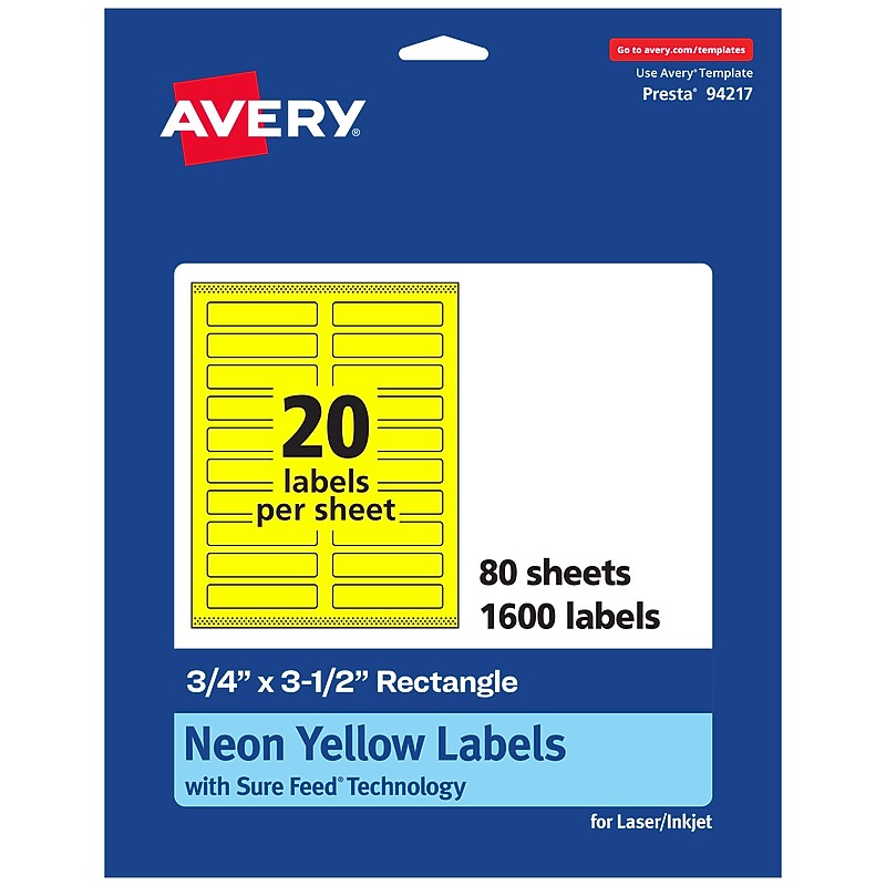 Avery Laser/Inkjet Rectangle Multipurpose Labels, 0.75" x 3.5", Neon Yellow, 1600/Box (94217) image 1