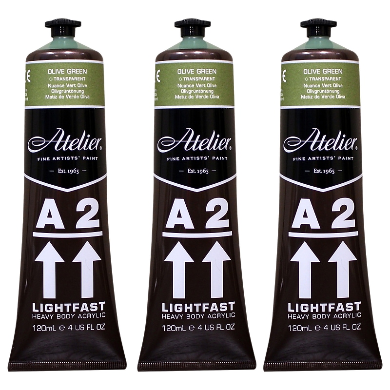 Chroma Atelier A2 Lightfast Acrylic Paint Tube, Olive Green Hue, 4 oz., 3/Bundle (CRM766-3) image 1