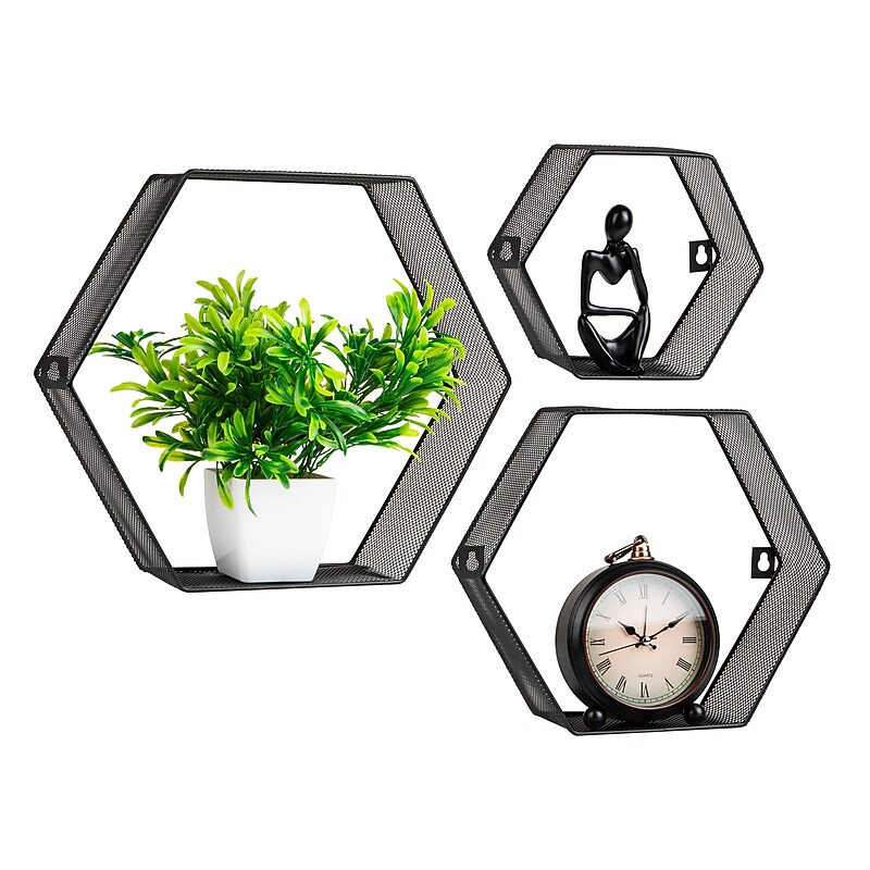 Mind Reader 3-Shelf Metal Honeycomb Hexagon Floating Shelves, Black, 3/Set (WALL3PC-BLK) image 1