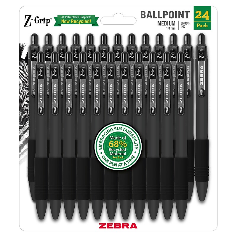 Zebra Z-Grip Retractable Ballpoint Pen, Medium Point, 1.0mm, Black Ink, 24/Pack (20314) image 1