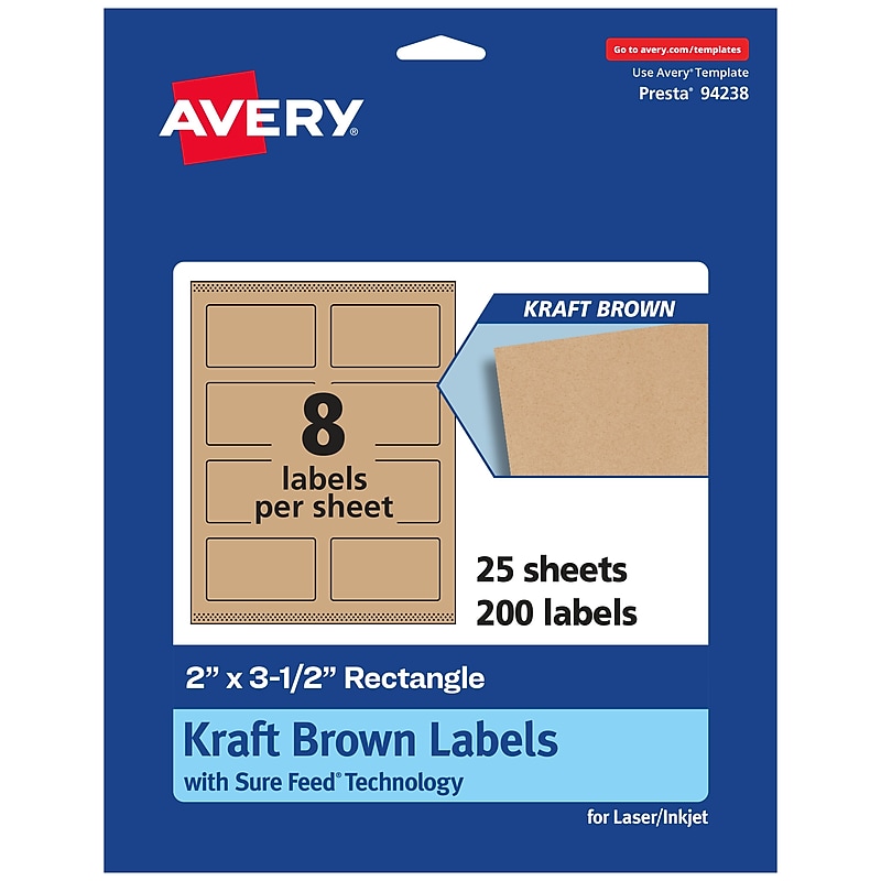 Avery Laser/Inkjet Rectangle Multipurpose Labels, 2" x 3.5", Kraft Brown 200 Labels/Pack (94238) image 1