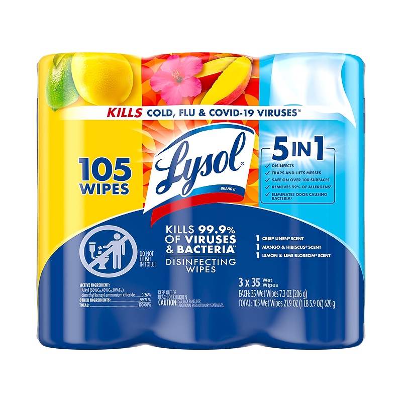 Lysol Disinfecting Wipes, Lemon, Mango & Hibiscus & Crisp Linen Scent, 35 Wipes/Container, 3/Pack (19200-99912) image 1