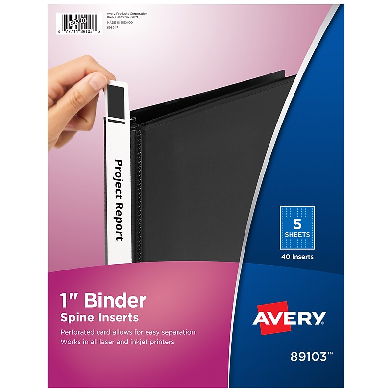 Avery Binder Spine Insert, 1" Spine Width, White, 8 Inserts/Sheet, 5 Sheets/Pack (89103) image 1