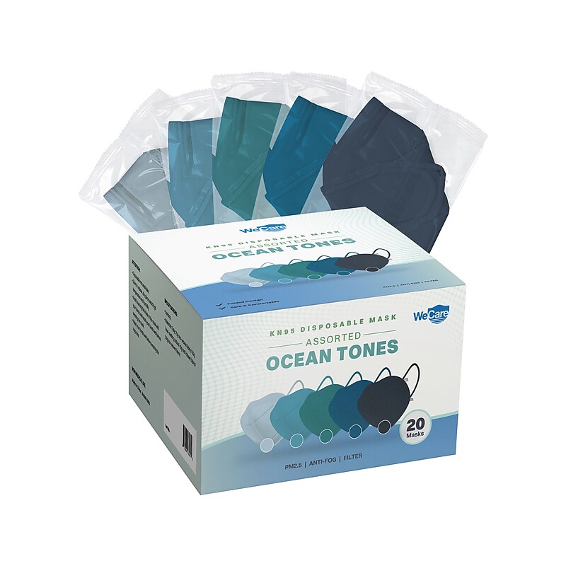 WeCare Ocean Tones Disposable KN95 Fabric Face Masks, One Size, Assorted Colors, 20/Pack, 50 Packs/Carton (TBN203261) image 1