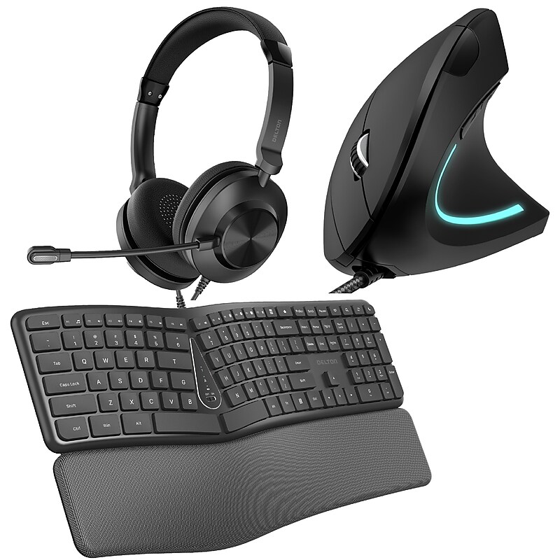 Delton E250 Wired Ergonomic Keyboard, Mouse & Headset Combo, Black (DKBE250BD1) image 1