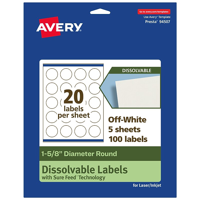 Avery Dissolvable Circle Multipurpose Labels, 1-5/8" Dia., Off-white, 100/Pack (94507) image 1