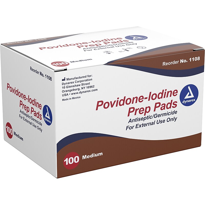 Dynarex 10% Povidone-Iodine Antiseptic Prep Pad, 100/Box, 5 Boxes/Pack (1108) image 1