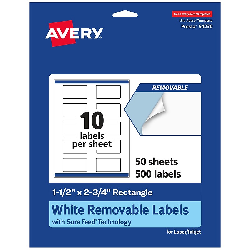 Avery Laser/Inkjet Rectangle Removable Labels, 1.5" x 2.75", White, 500 Labels/Box (94230) image 1