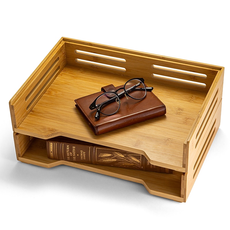 Officemate Bamboo Desk Accessories 2-Compartment Stackable Wood Desk Organizer, Natural wood grain, 2/Pack (71004) image 1