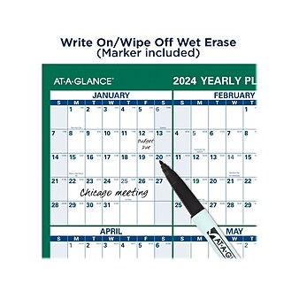 2024 AT-A-GLANCE 24" x 36" Yearly Wet-Erase Wall Calendar, Reversible, Green (PM210-28-24)