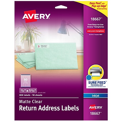 Avery Easy Peel Inkjet Return Address Labels, 1/2" x 13/4", Clear, 80