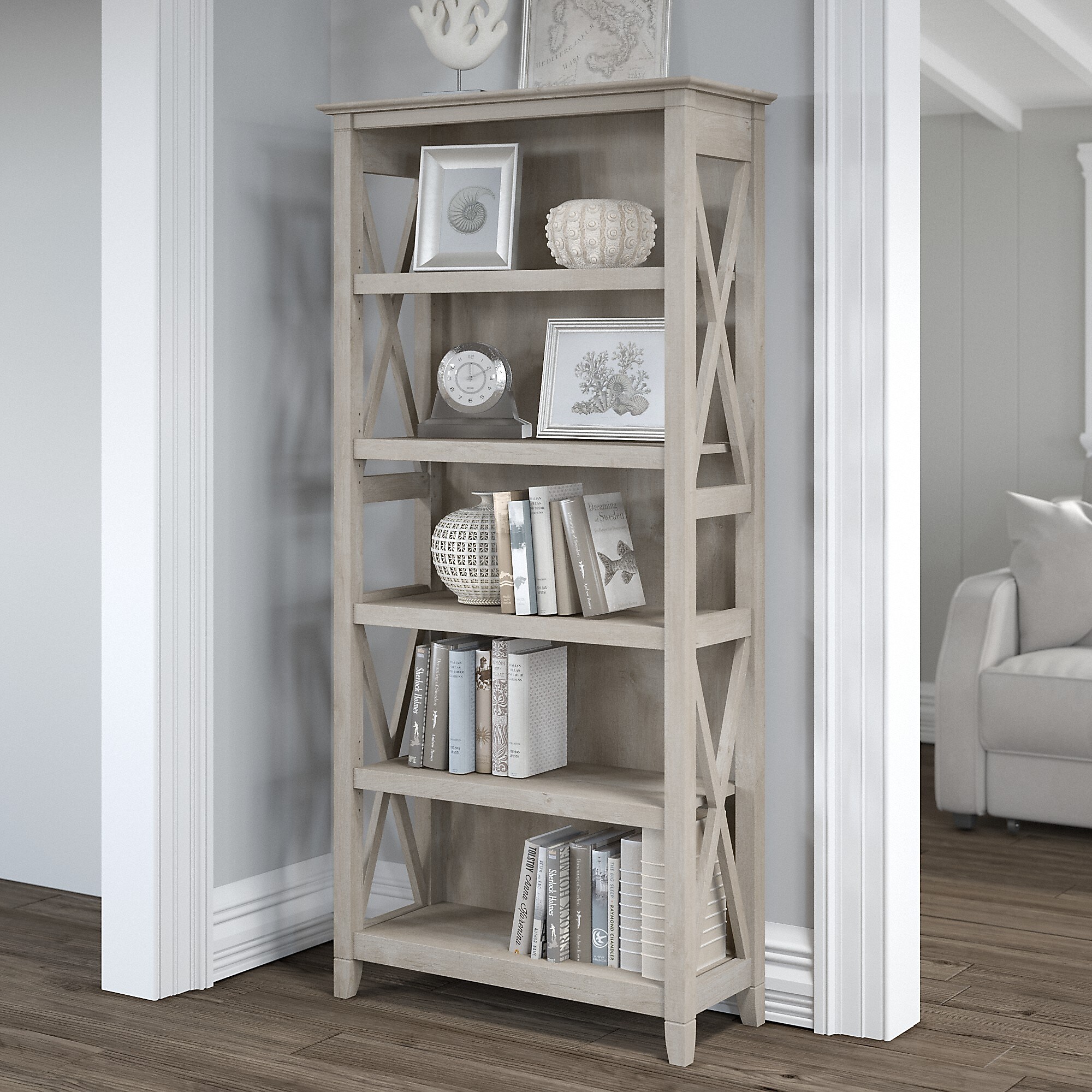 Bush Furniture 66″H 5-Shelf Bookcase with Adjustable Shelves, Washed Gray Laminate (KWB132WG-03) Sansujyuku sansujyuku.com