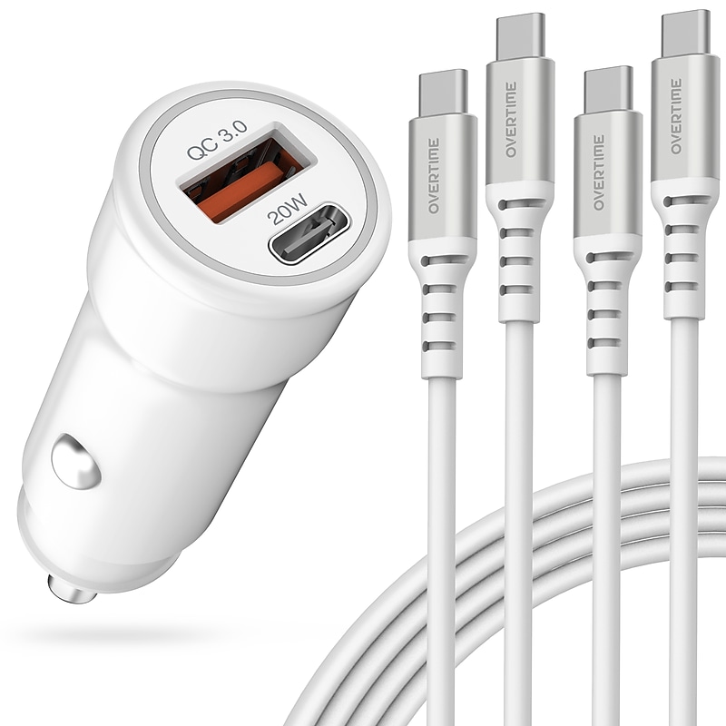 Overtime 38W Dual Port Car Charger and Two 6-Foot USB-C to USB-C Cables Bundle, White (OTC2PD6TCX2) image 1
