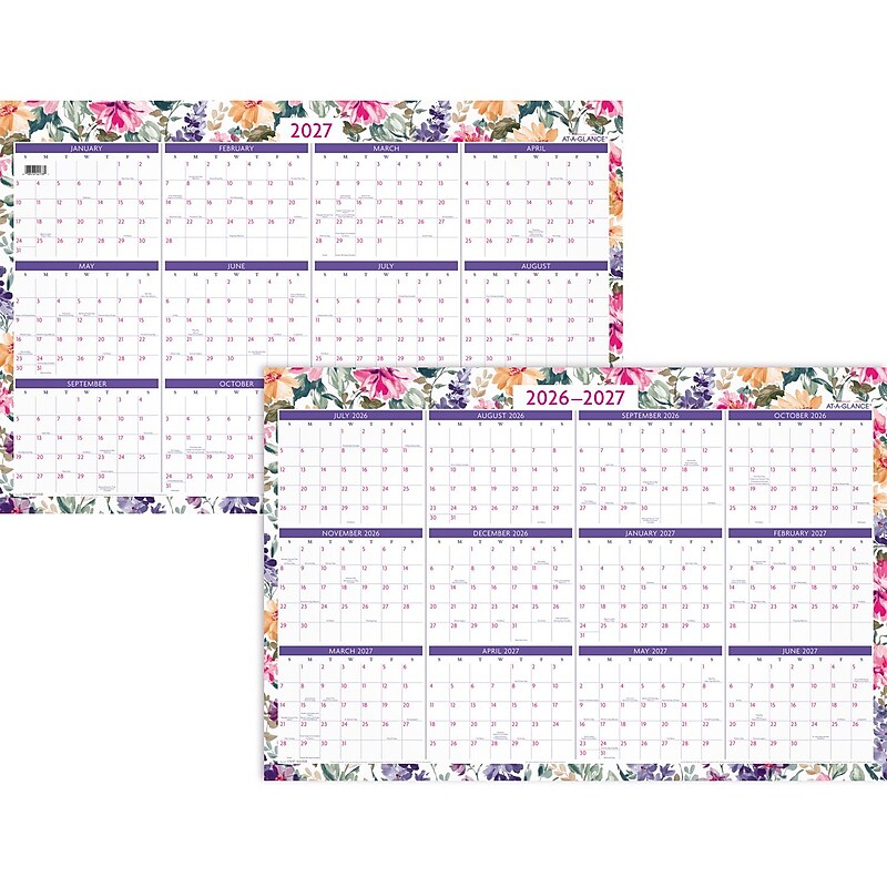 2026-2027 AT-A-GLANCE Badge Floral 36" x 24" Academic & Calendar Year Dry-Erase Wall Calendar, Reversible (1791F-550P-27) image 1