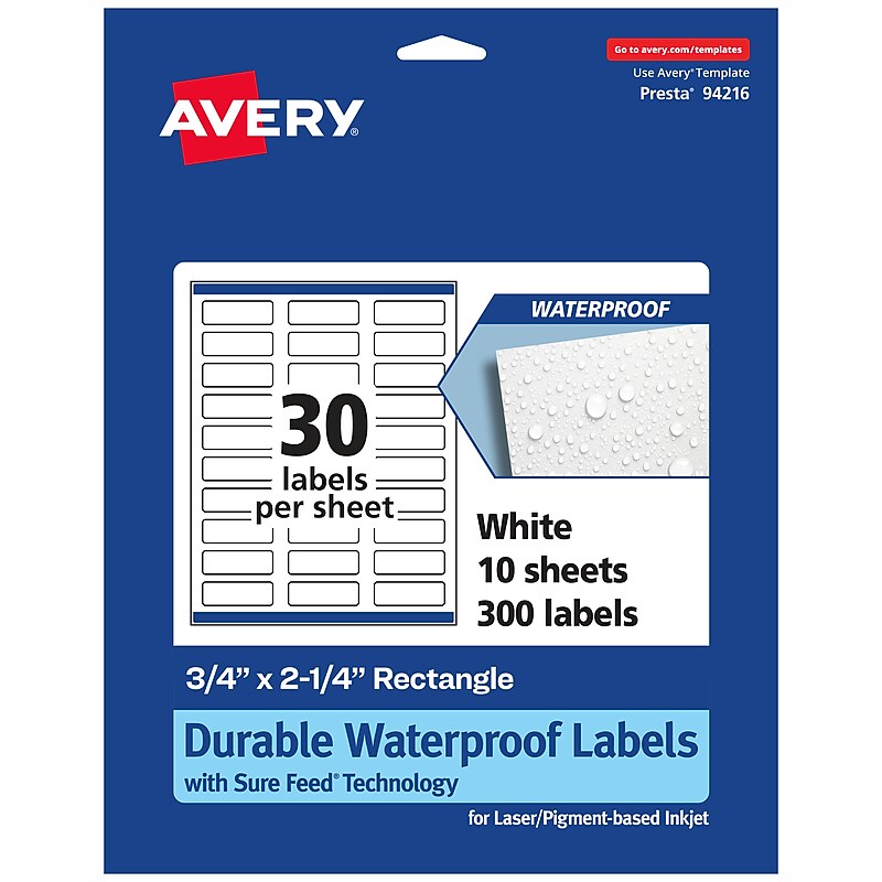 Avery Laser/Inkjet Waterproof Multipurpose Rectangle Labels, 0.75" x 2.25", White, 300 Labels/Pack (94216) image 1