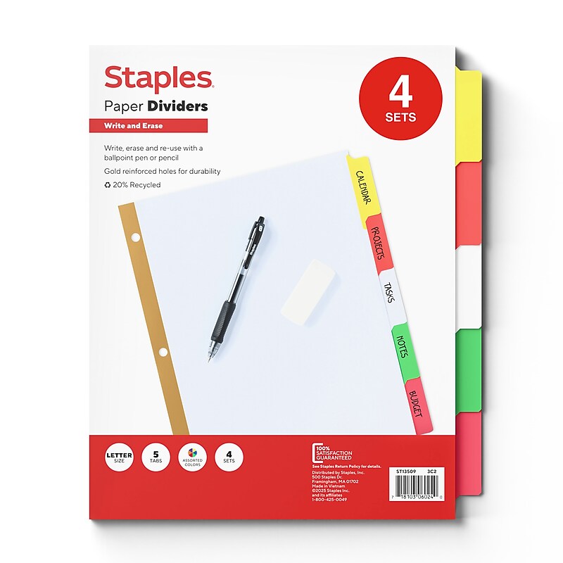 Staples Write & Erase Paper Dividers, Assorted Colors, 5-Tabs, 4 Sets (13509/23176) image 1