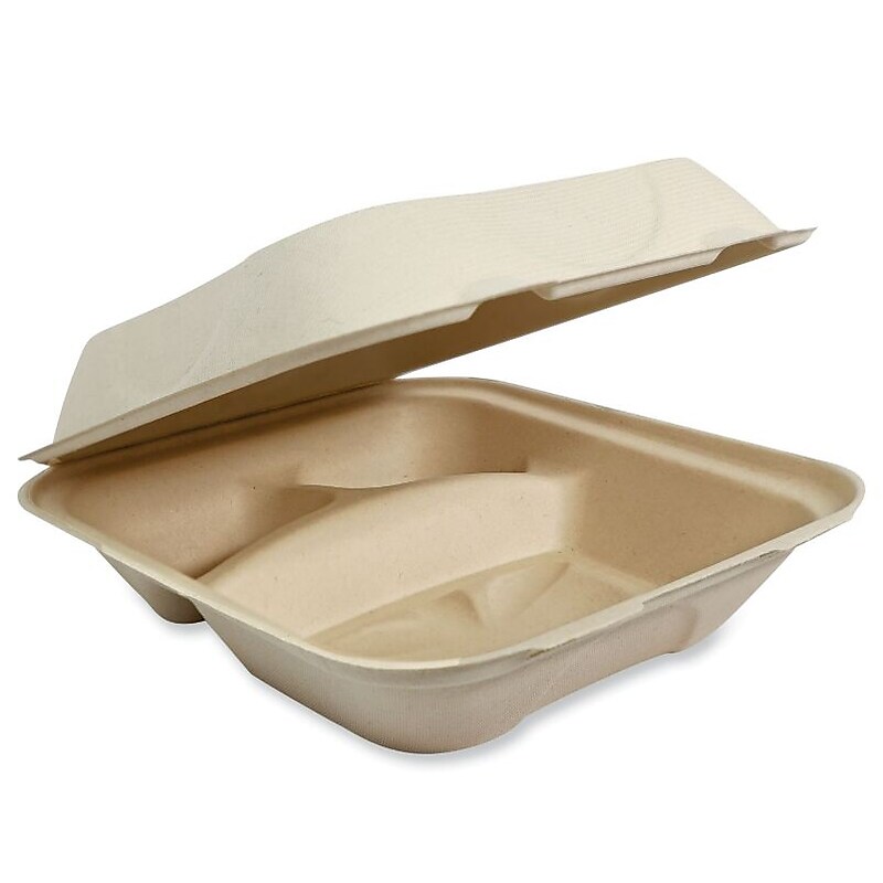 World Centric Fiber Hinged Containers, 2-Compartment, 8.8" x 8.2" x 2.9", Natural, Paper, 300/Carton (WORTOSCU8TLFP) image 1
