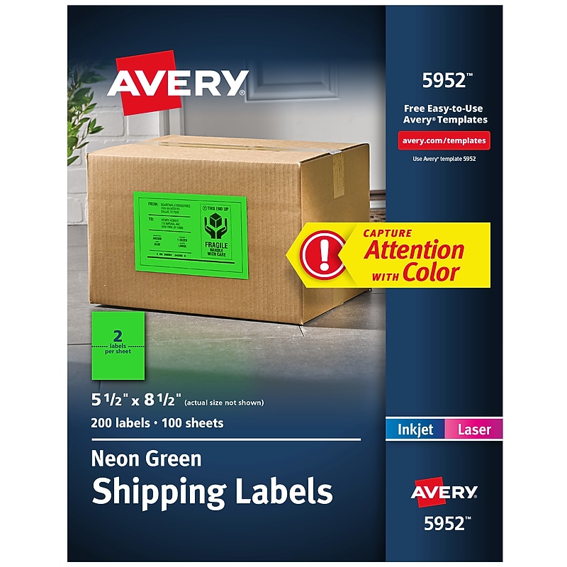 Avery Laser Shipping Labels, 5-1/2" x 8-1/2", Neon Green, 200 Labels/Box (5952) image 1