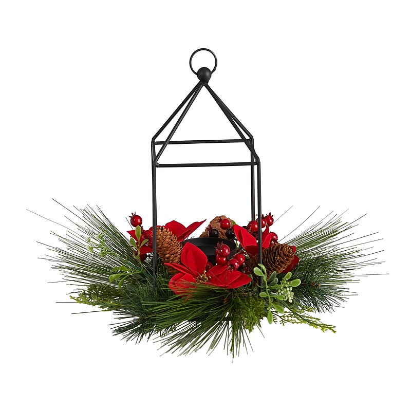 Nearly Natural Artificial Christmas Poinsettia, Berry and Pinecone Candle Holder Christmas Table Arrangement, 14" (A1855) image 1
