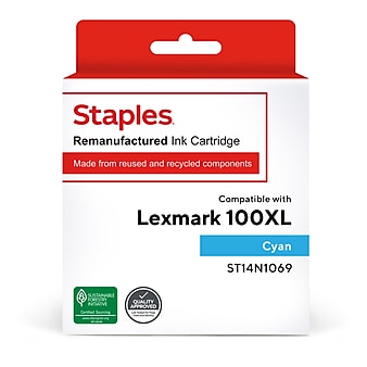 Staples Remanufactured Cyan High Yield Ink Cartridge Replacement for Lexmark 100XL (TR14N1069/ST14N1069)