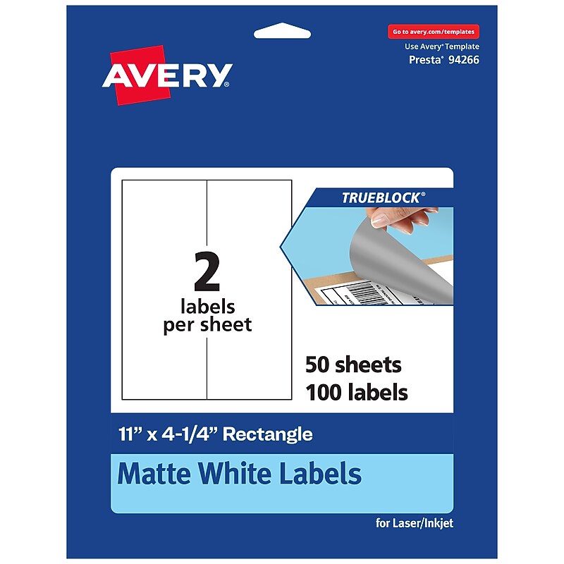 Avery TrueBlock Laser/Inkjet Rectangle Multipurpose Labels, 11" x 4.25", White, 100/Box (94266) image 1
