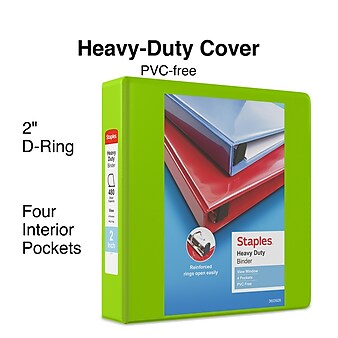 Staples Heavy Duty 2" 3-Ring View Binder with D-Rings and Four Interior Pockets, Chartreuse (56321-CC/24687)
