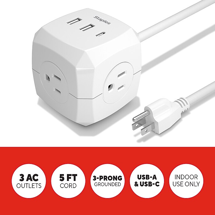 Staples TECH 5' Extension Cord, 3-Outlet, 14 AWG, White (ST62348