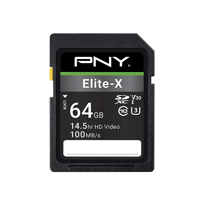 PNY Elite-X 64GB SDXC Memory Card, Class 10, UHS-I, V30 (P-SD64GU3100EXG) image 1