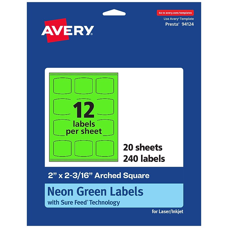 Avery Laser/Inkjet Multipurpose Square Labels, 2" x 2-3/16", Neon Green, 240/Pack (94124) image 1
