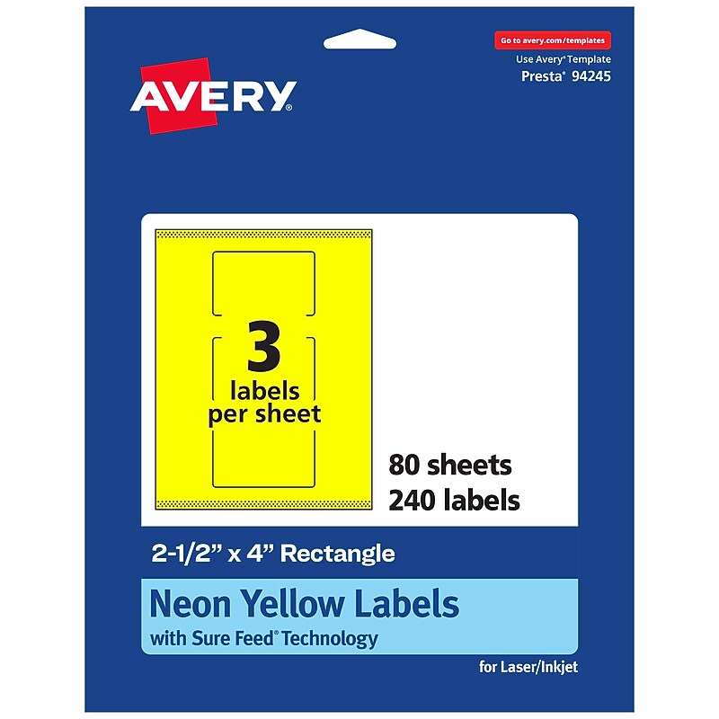 Avery Rectangle Laser/Inkjet Multipurpose Labels, 2.5" x 4", Neon Yellow (240/Box) image 1