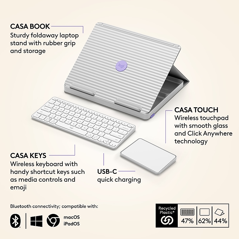 Logitech 4.41" x 11.02" Plastic Adjustable Casa Pop-Up Desk Work From Home Kit with Laptop Stand, Nordic Calm (920-011238) image 1