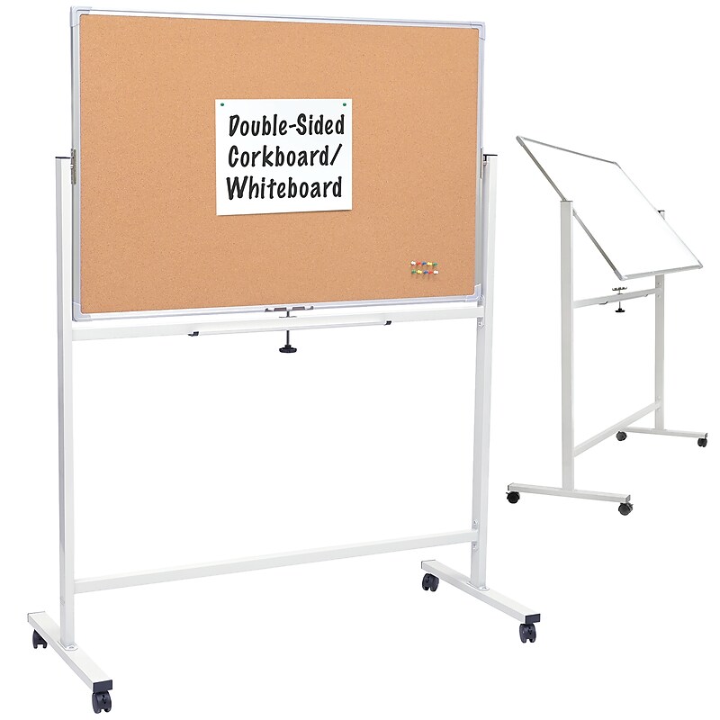 Excello Global Products Double Sided Magnetic Mobile Whiteboard Corkboard Combo, White Frame, 48" x 32" image 1